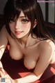 Anime girl with big tits posing on a red couch.