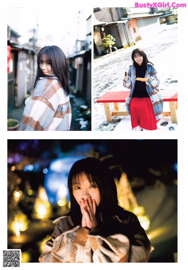 A collage of photos of a woman wrapped in a blanket.