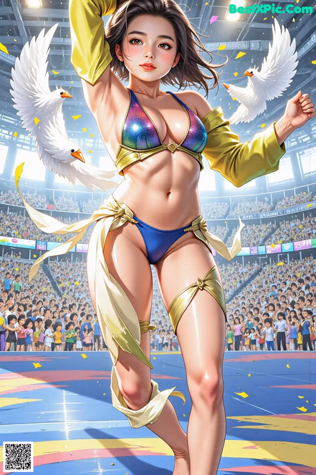 A woman in a bikini with two white doves flying around her.