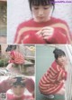 A collage of photos of a woman wearing a red and white striped sweater.