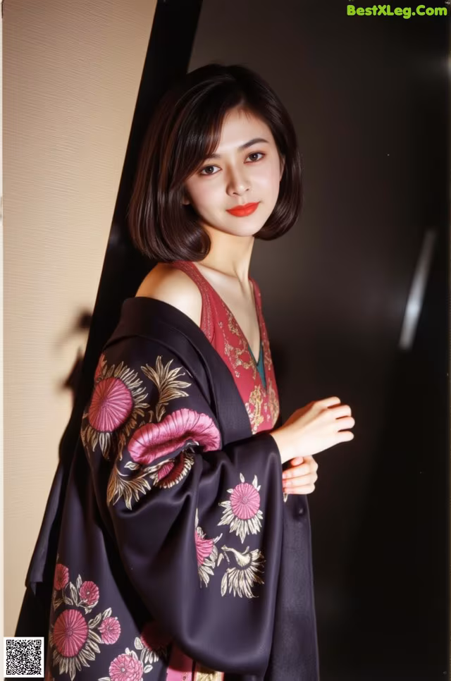 A woman in a black and pink kimono posing for a picture.