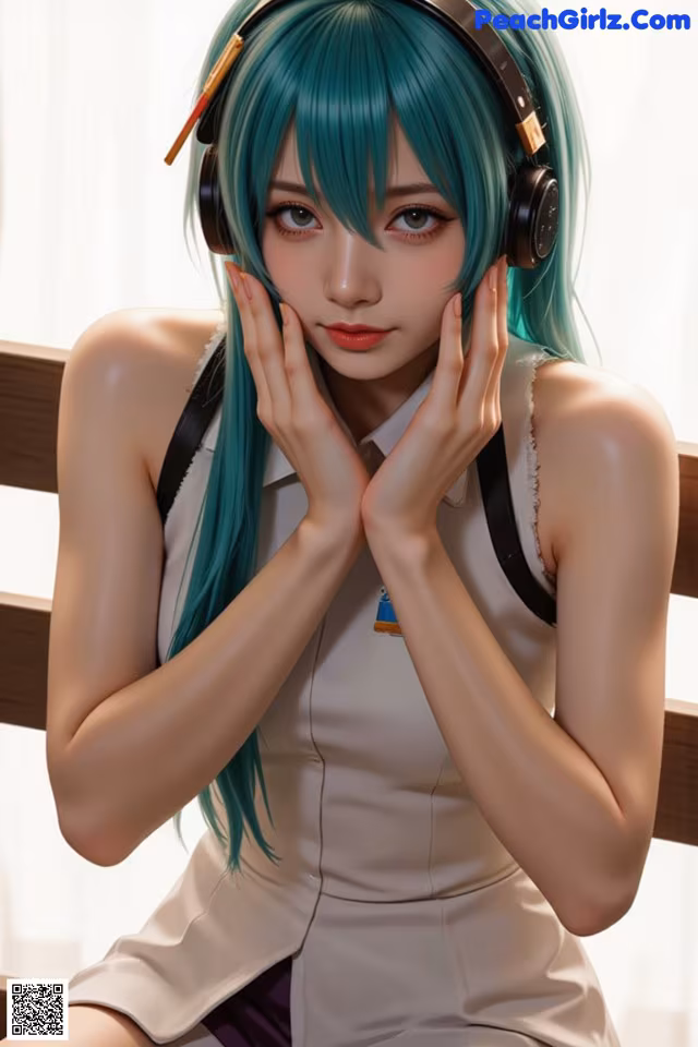 A woman with green hair wearing headphones sitting on a bench.