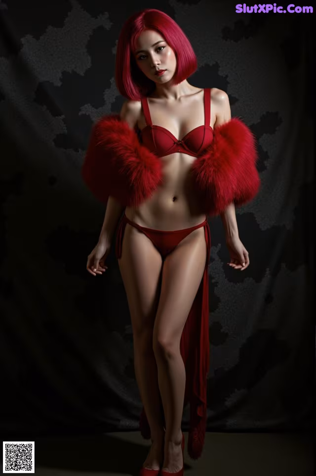 A woman in a red lingerie posing for a picture.