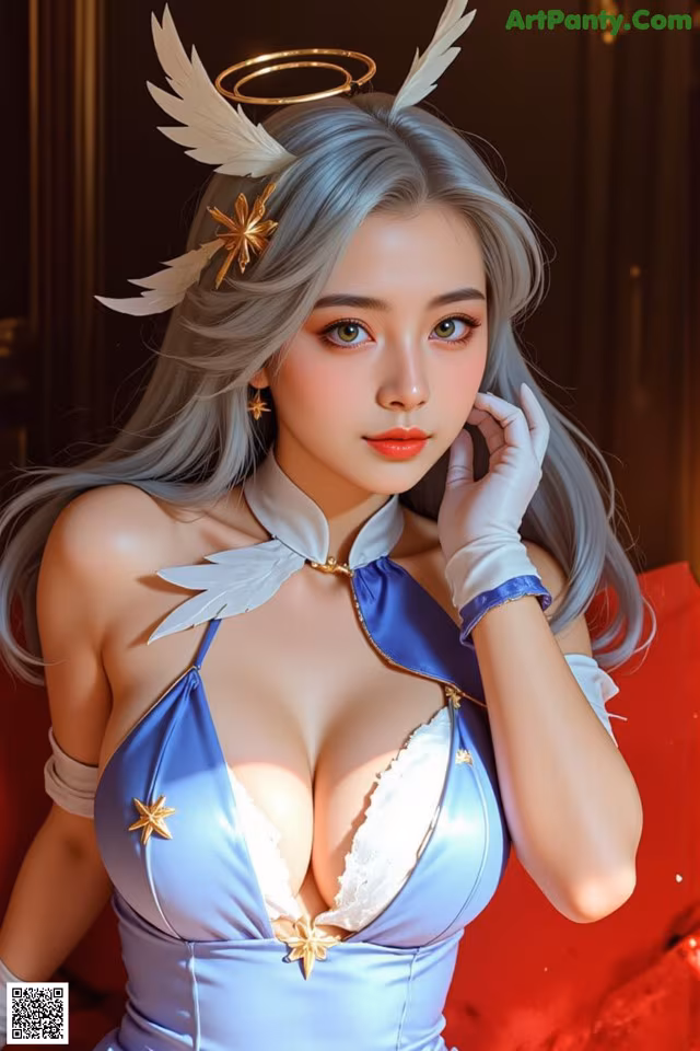 A woman in a blue dress with angel wings on her head.