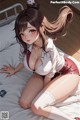 A woman in a nurse uniform is sitting on a bed.