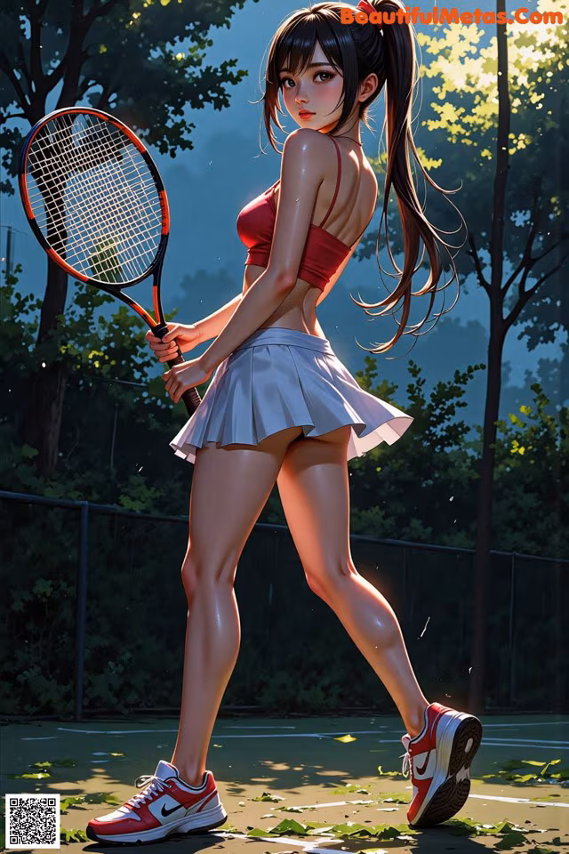 A woman in a red top and white skirt holding a tennis racket.