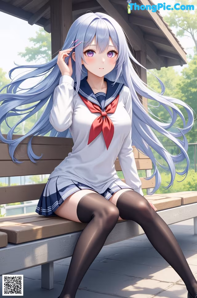 A girl in a school uniform sitting on a bench.