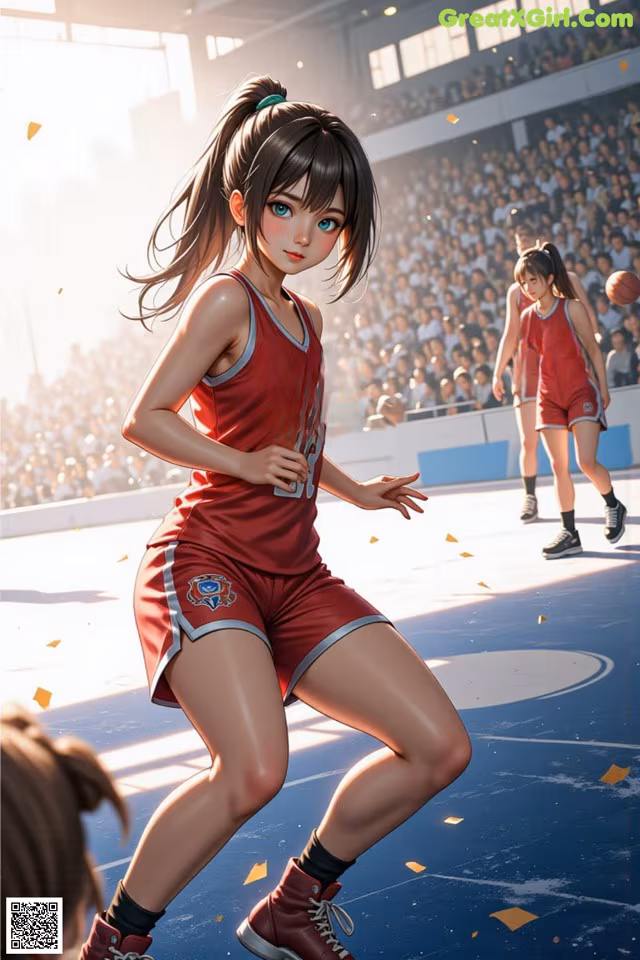 A woman in a red uniform is playing basketball.