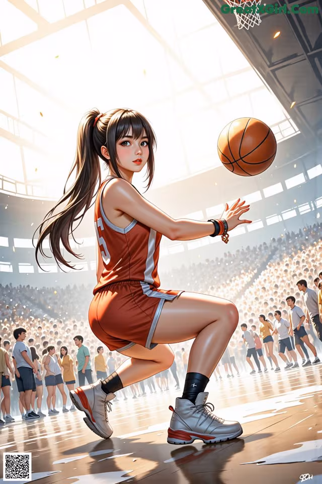 A woman in an orange and white uniform playing basketball.