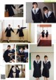 A collage of photos of a woman in a school uniform.